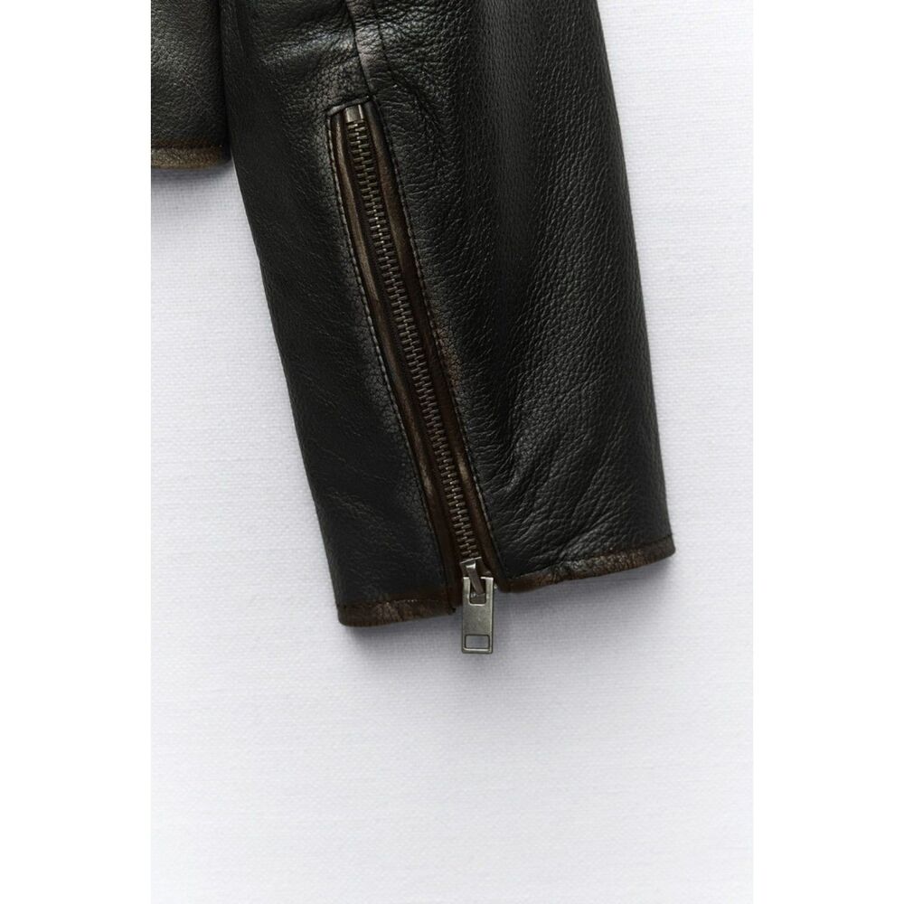 Black Brown Zara 100% Leather Distressed Vintage-Look Zipper Moto Jacket (NWT) - Picture 8 of 10